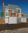 Graphical illustration of a home foundation severely damaged by settlement issues